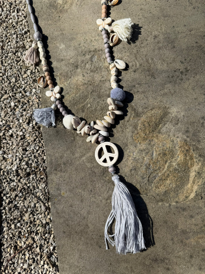 Hippie Peace Sign Tassel Necklace - Gray