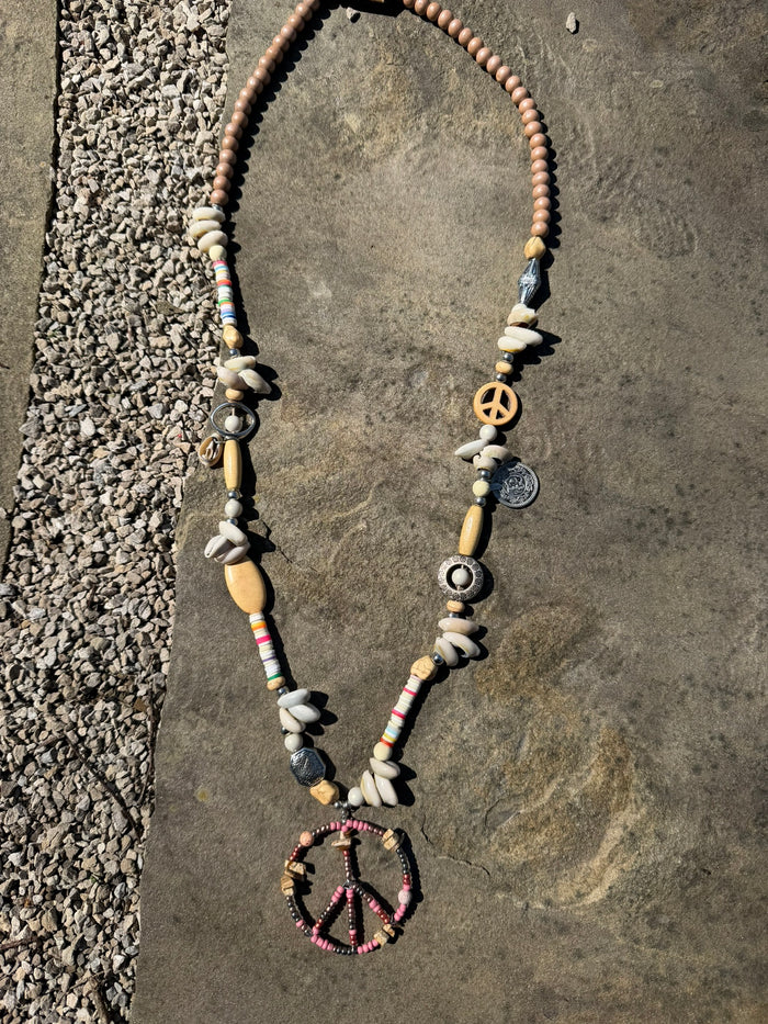 Hippie Peace Sign Beaded Necklace -Pink