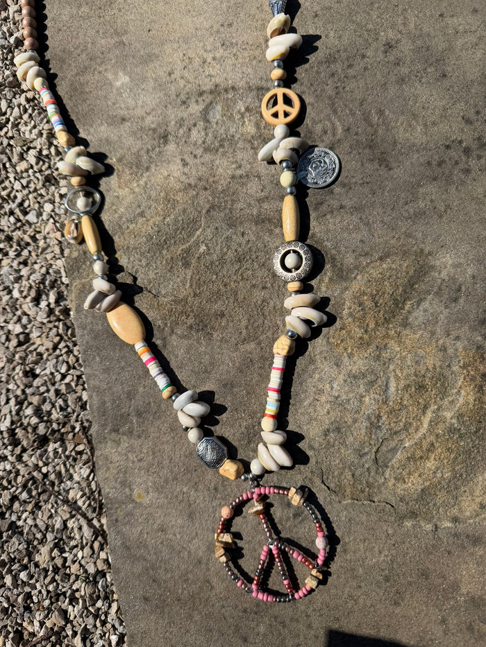 Hippie Peace Sign Beaded Necklace -Pink