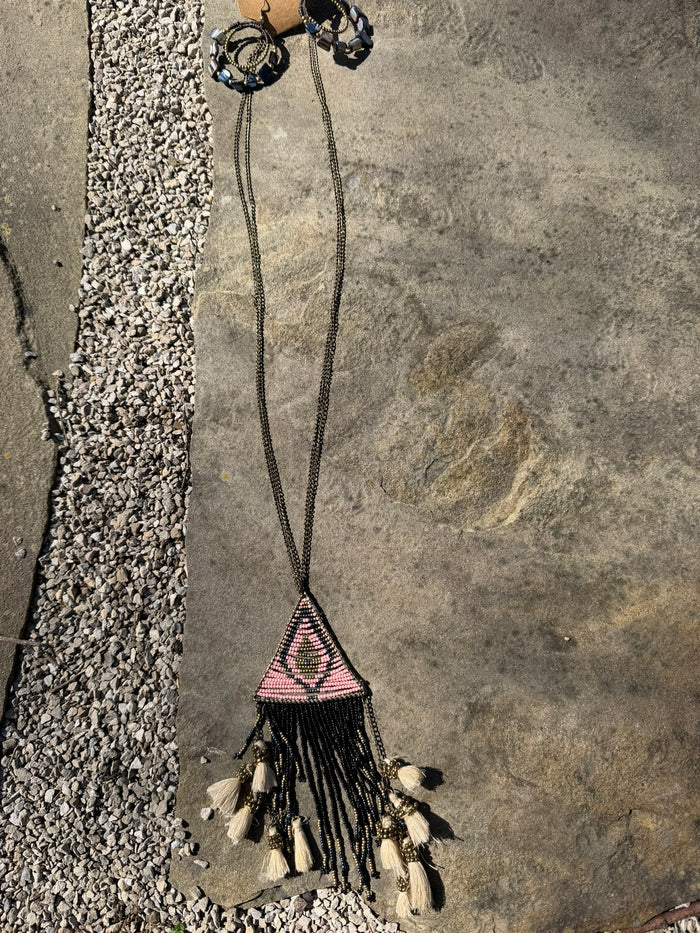 Bohemian Beaded Tassel Necklace and Earring Set - Pink