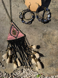 Bohemian Beaded Tassel Necklace and Earring Set - Pink