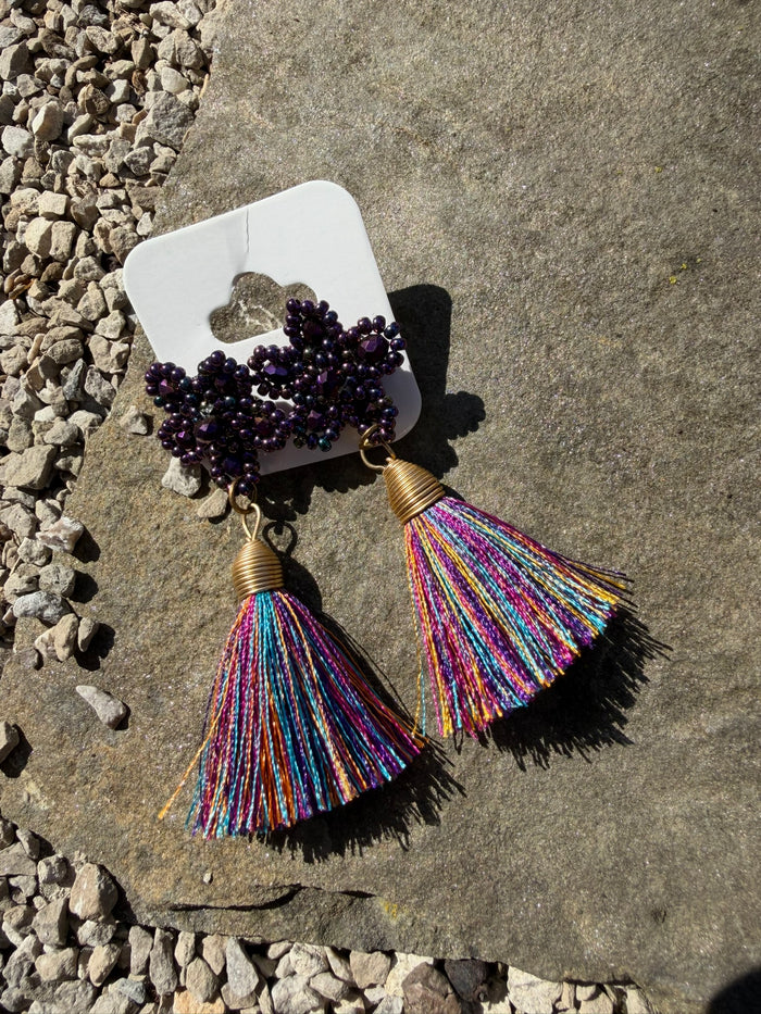 Beautiful Beaded Tassel Earrings - Deep Purple + Multi