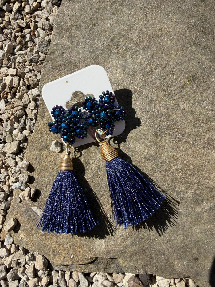 Beautiful Beaded Tassel Earrings - Midnight Blue