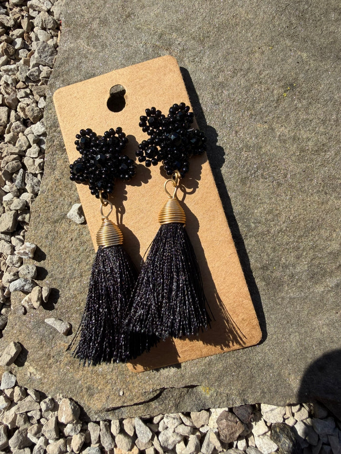 Beautiful Beaded Tassel Earrings - Black