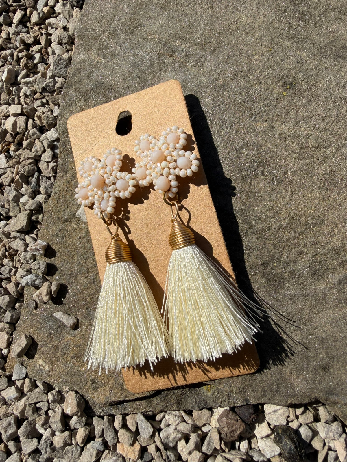 Beautiful Beaded Tassel Earrings - Ivory