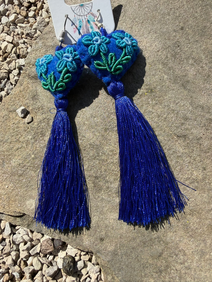Heart Pom Embroidered Tassel Earrings - Blue