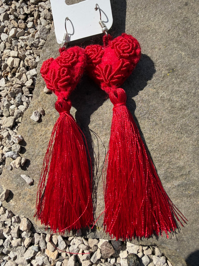 Heart Pom Embroidered Tassel Earrings - Red