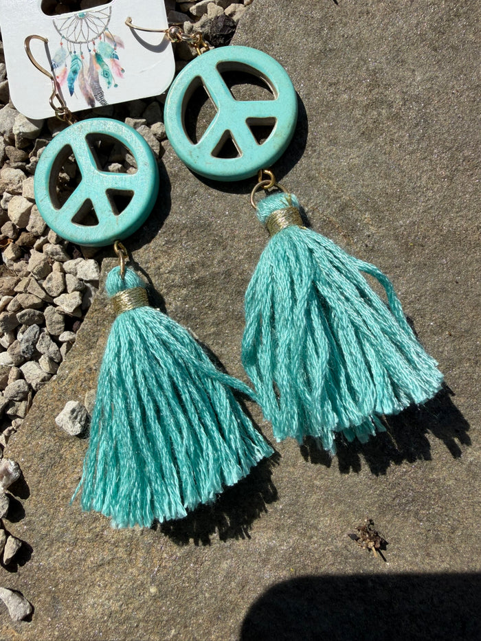 Turquoise Peace Sign Tassel Earrings