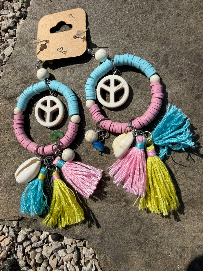 Hippie Peace Sign Tassel Earrings