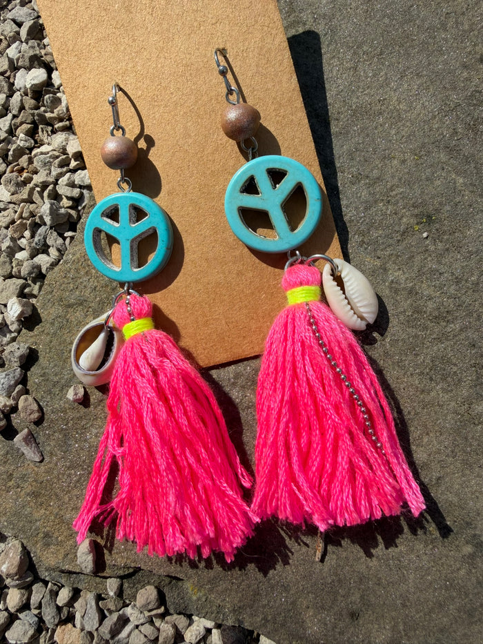 Neon Pink Peace Sign Tassel Earrings