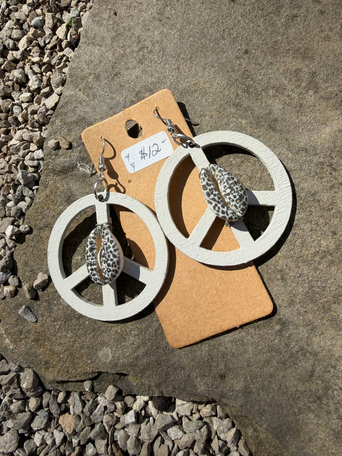 Wooden Seashell Peace Sign Earrings - White