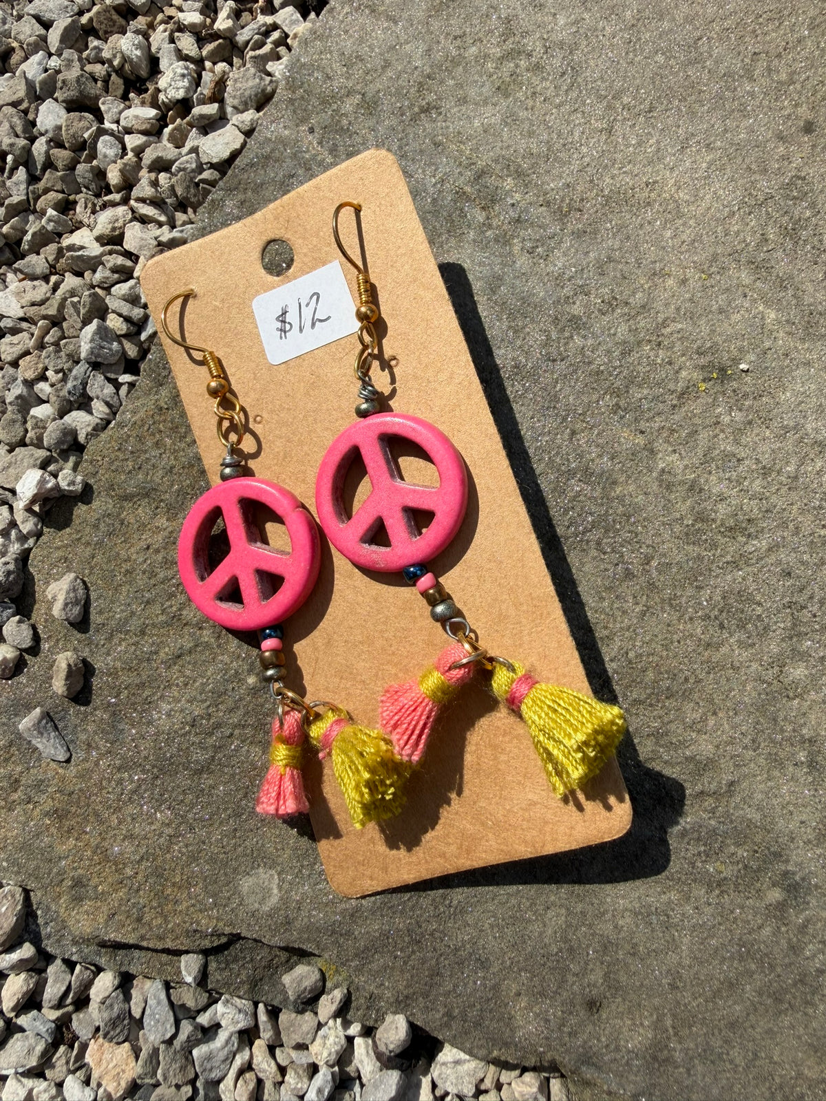 Pink Simple Peace Sign Tassel Earrings
