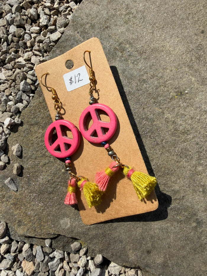 Pink Simple Peace Sign Tassel Earrings