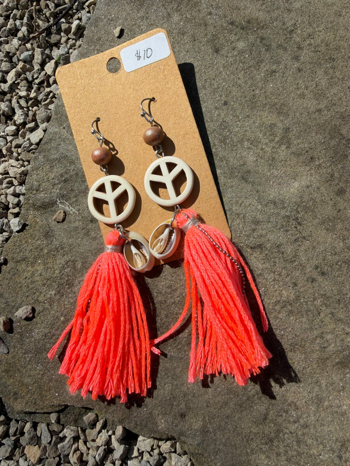 Neon Coral Peace Sign Tassel Earrings