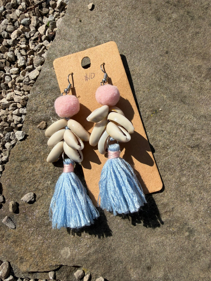 Blue Beaded Shell Tassel Earrings