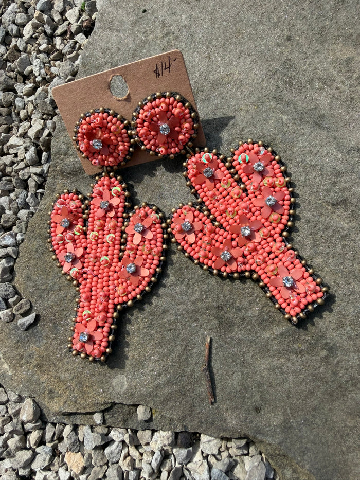 Arizona Cactus Beaded Earrings - Coral