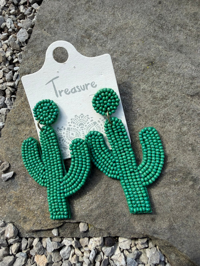 Desert Cactus Beaded Earrings - Dark Green