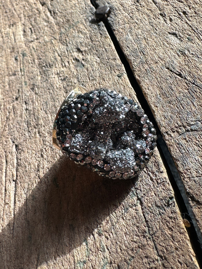 Crystal Rhinestone Encrusted Cuff Ring - Hematite