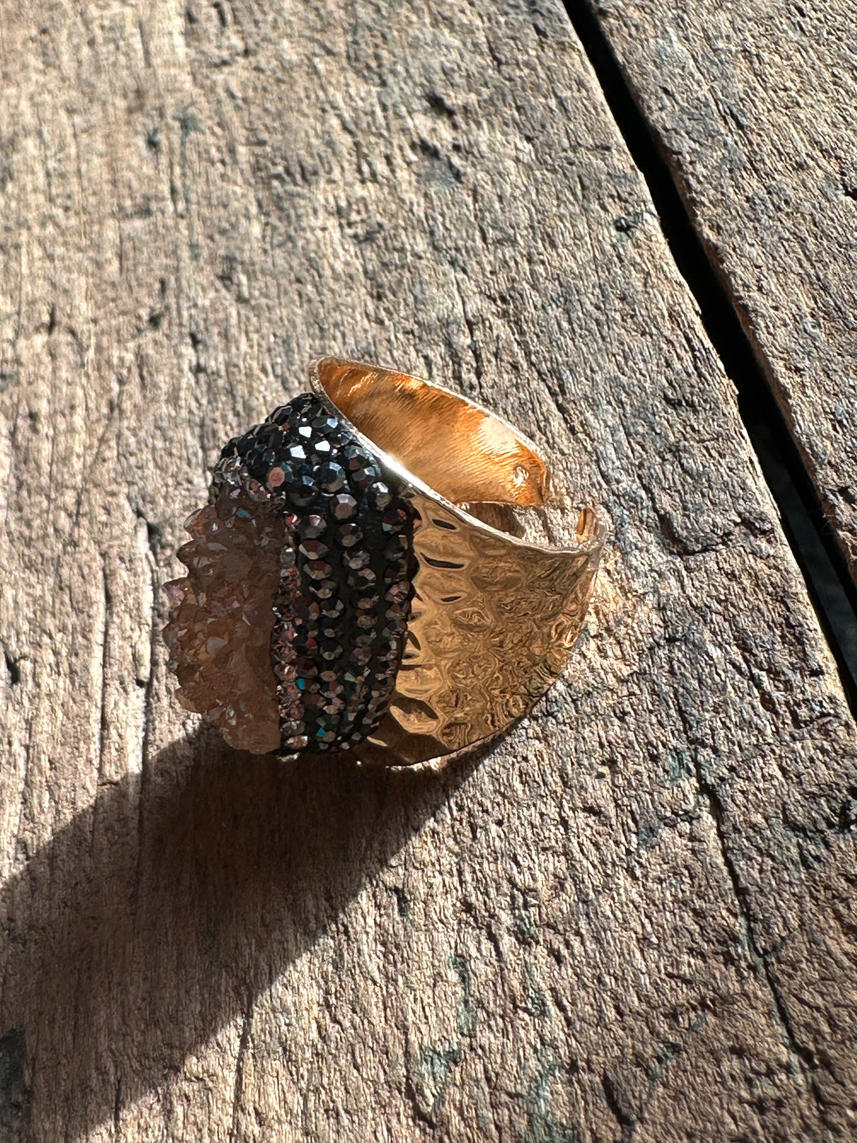 Crystal Rhinestone Encrusted Cuff Ring - Rose Quartz