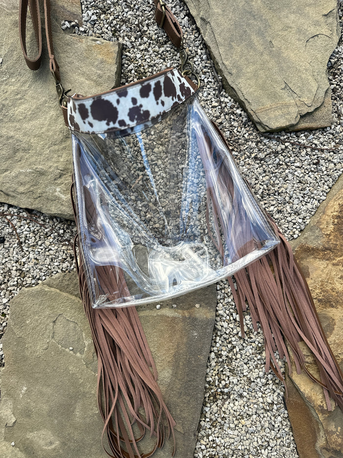 Fringed Brown Cow Printed Clear Festival Crossbody