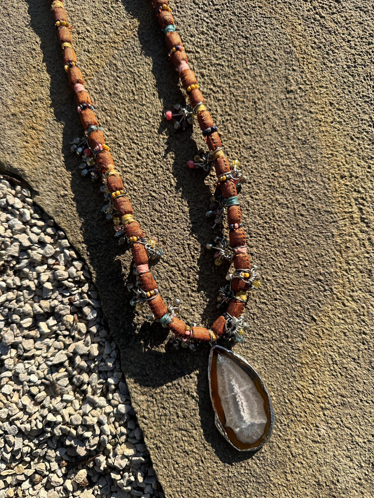 Bohemian Wrapped Necklace with a Natural Stone Pendant