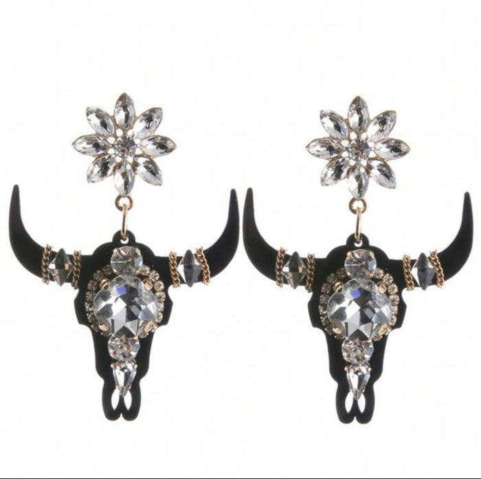 So Extra Cow Skull Earrings - Black/Silver