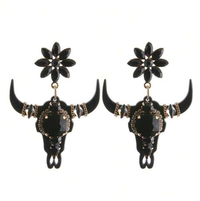 So Extra Cow Skull Earrings - Black