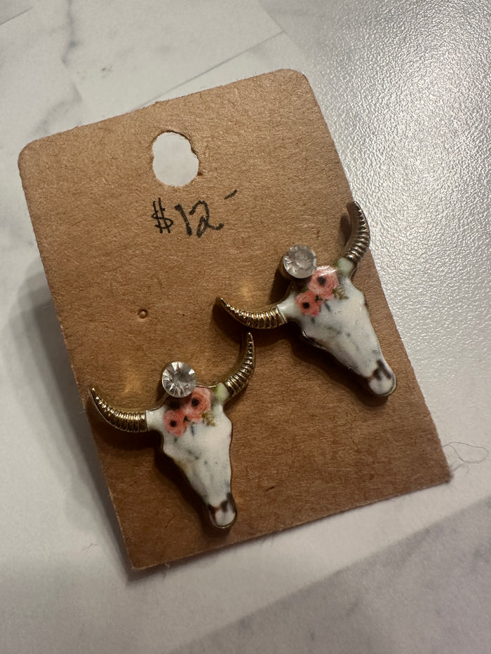Cow Skull Floral Studs