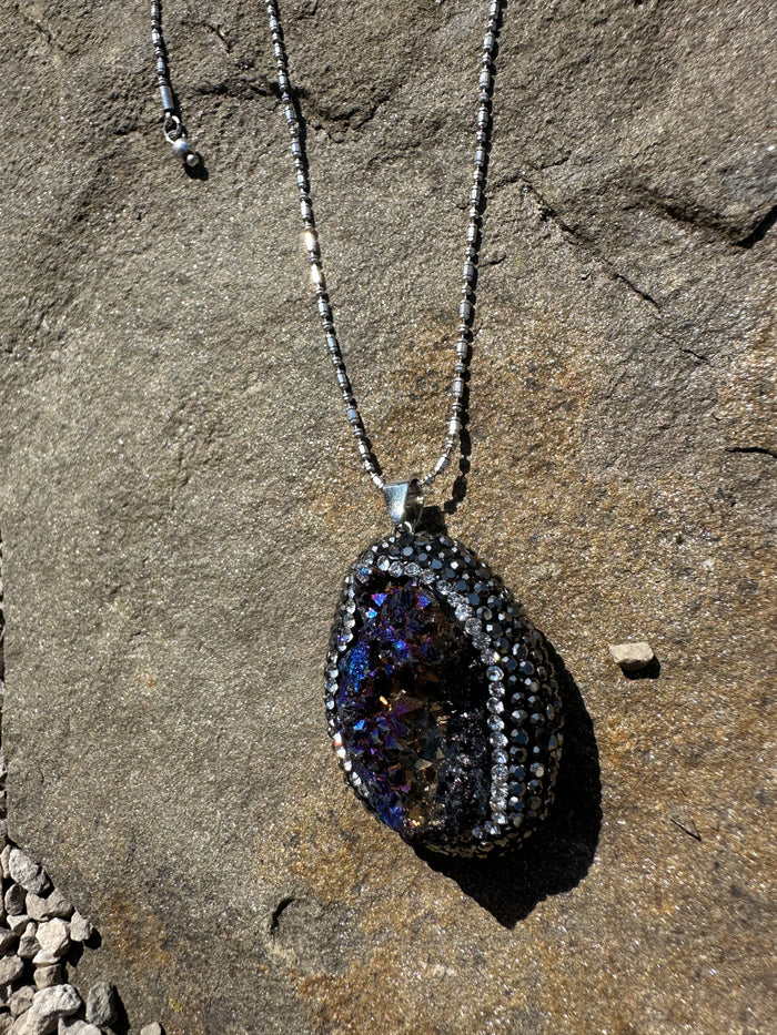 Statement Geode Pendant Necklace - Rhinestone Blue