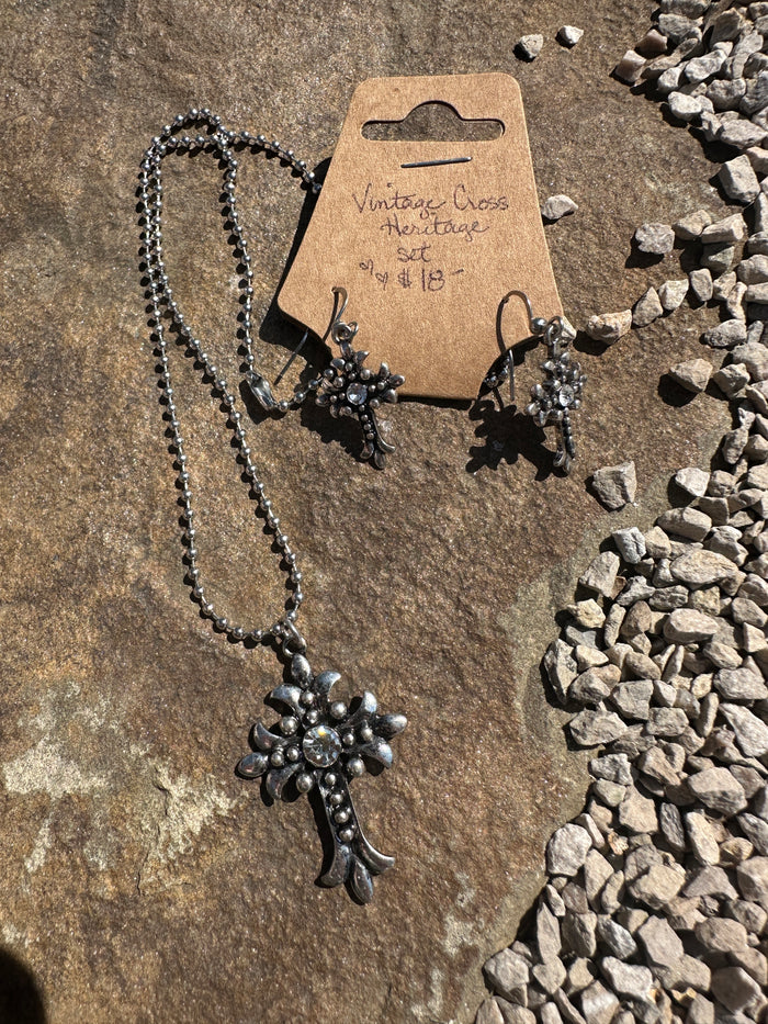 Western Cross Necklace + Earring Set