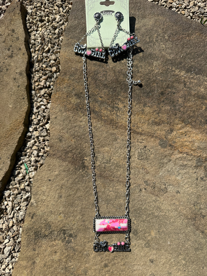 Western Cowgirl Pink Necklace + Earring Set