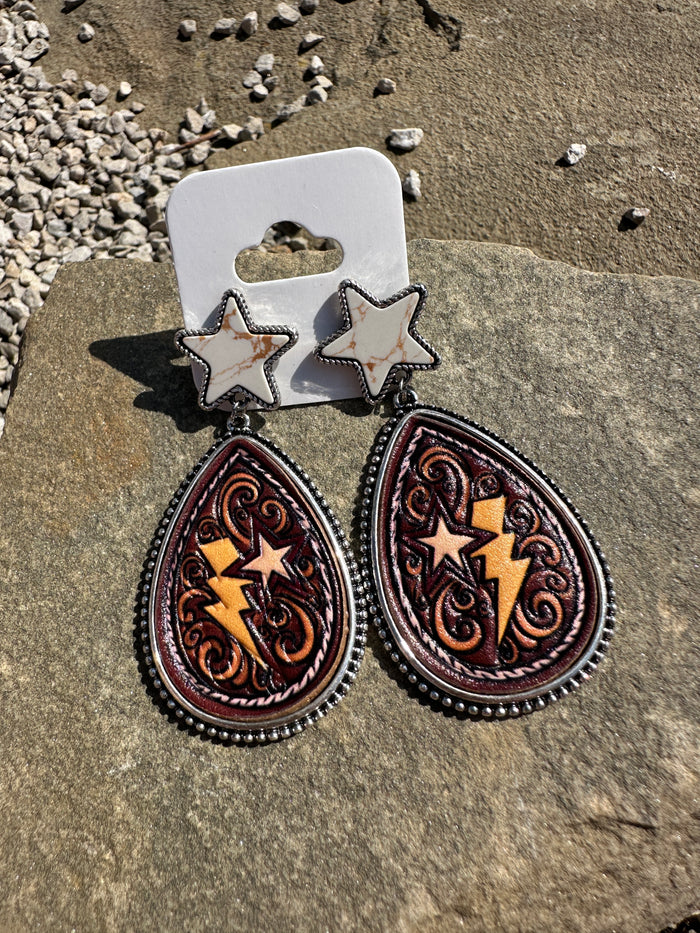 Western Leather Teardrop Lightening Bolt Star Earrings