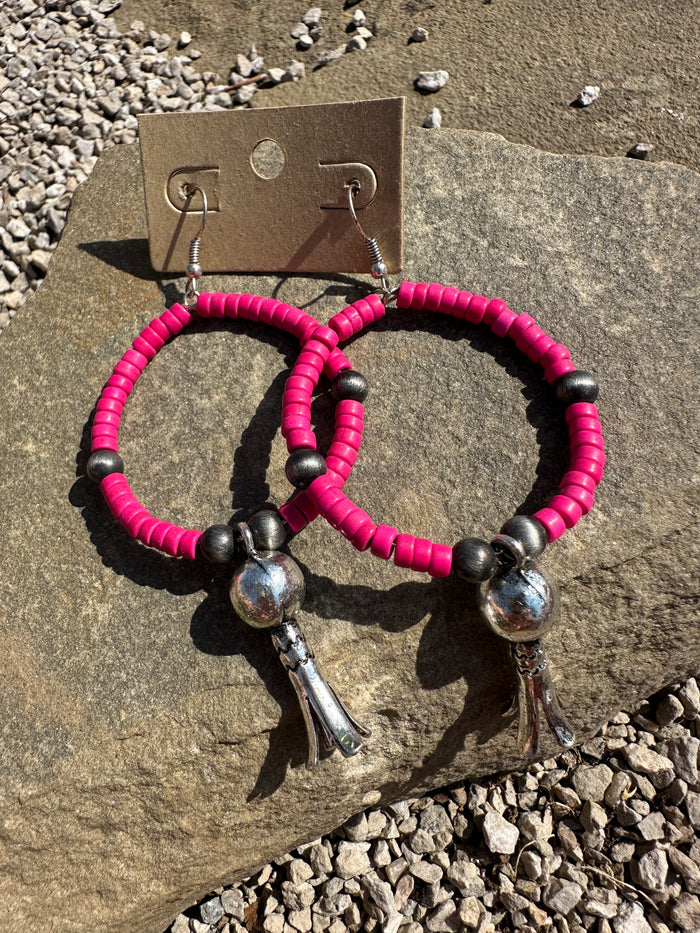 Western Navajo Beaded Pink Hoop Earrings