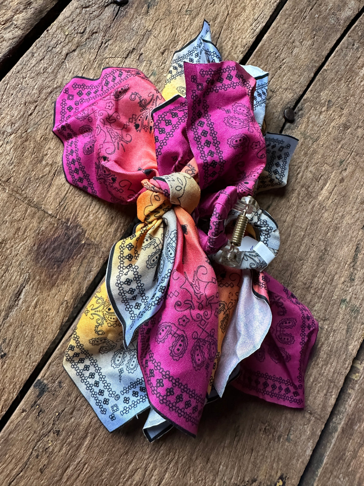 Bandana Hair Claw - Pink White Yellow Dye Effect