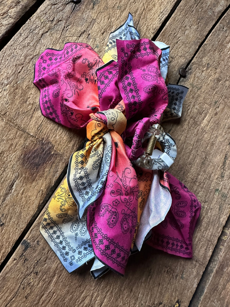 Bandana Hair Claw - Pink White Yellow Dye Effect