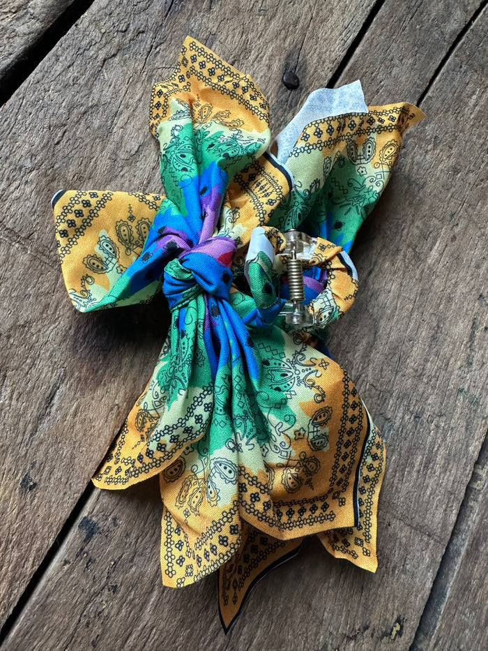 Bandana Hair Claw - Green Blue Yellow Dye Effect