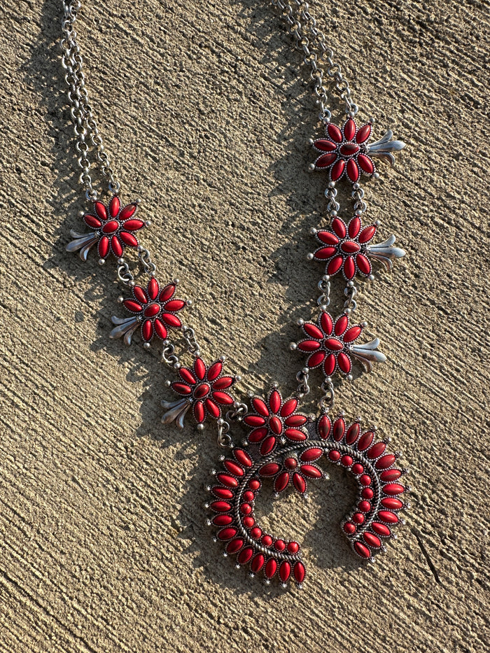 Squash Blossom Rojo Statement Necklace + Earring Set