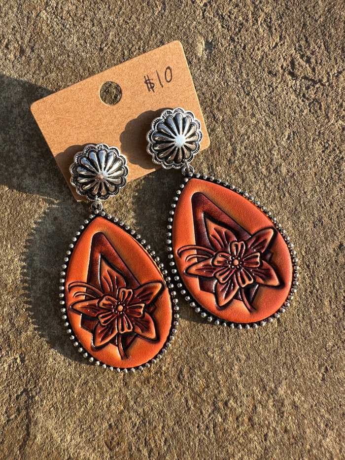 Western Leather Teardrop Floral Concho Earrings
