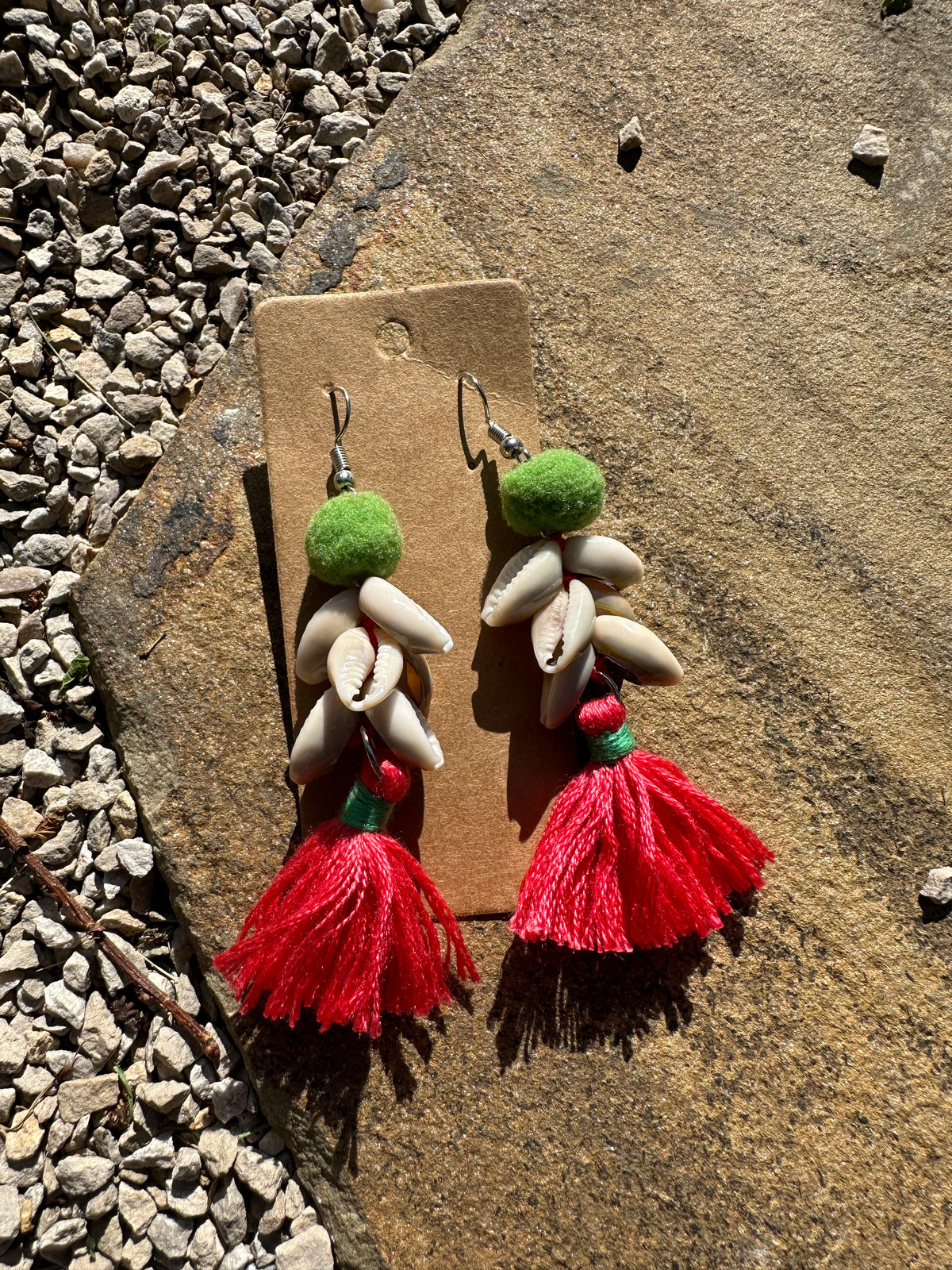 Coral Beaded Shell Tassel Earrings