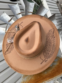 Tan Artisan Etched Feather Embellished Flat Brim Hat