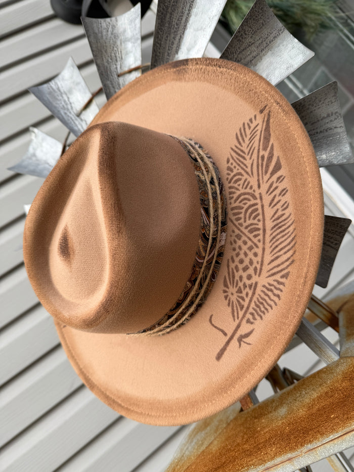 Tan Artisan Etched Feather Embellished Flat Brim Hat