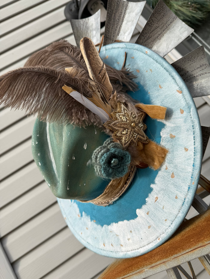 Turquoise Artisan Feather Embellished Flat Brim Hat
