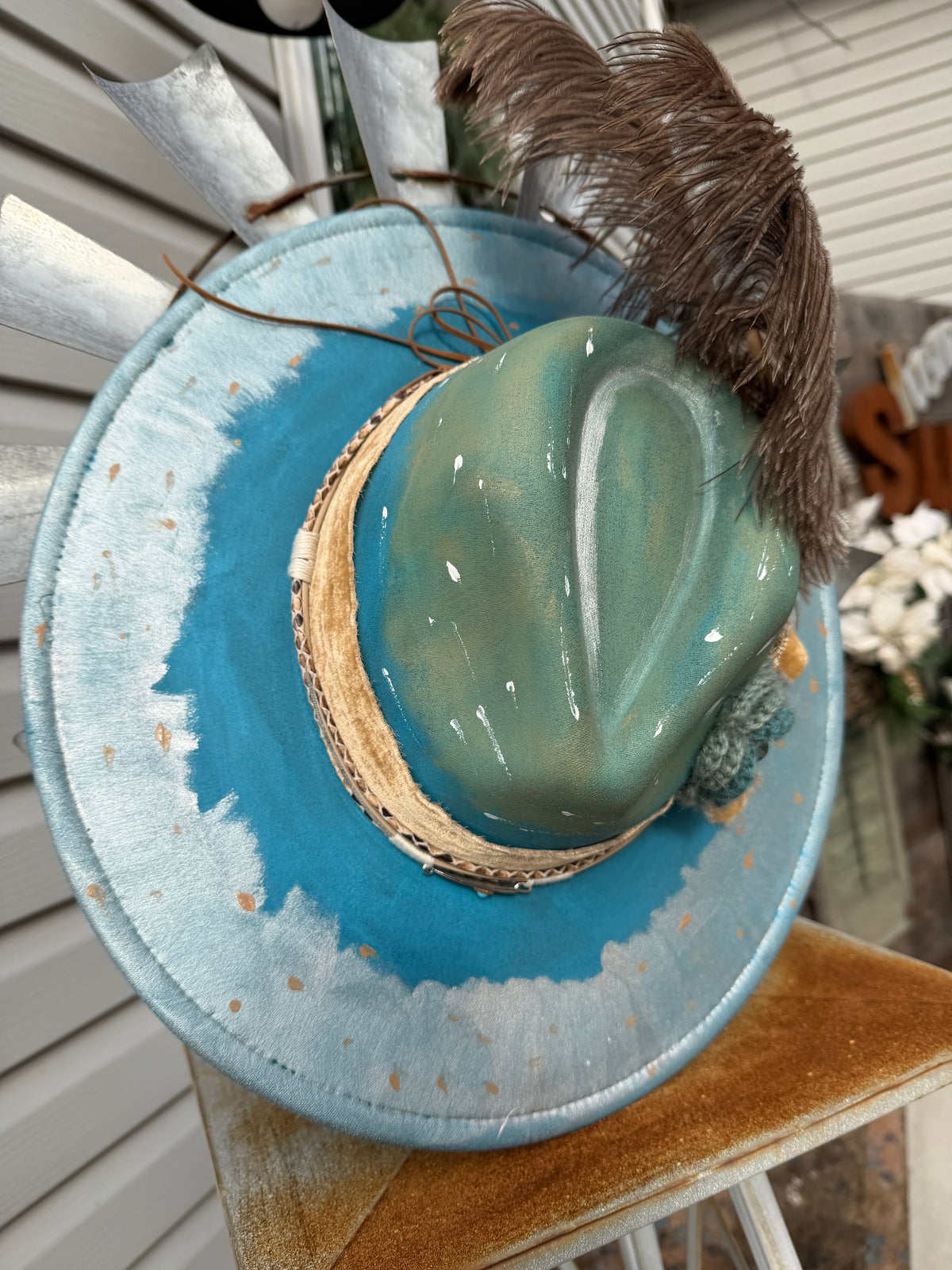 Turquoise Artisan Feather Embellished Flat Brim Hat