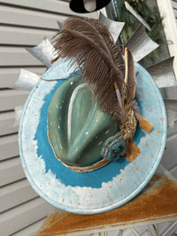 Turquoise Artisan Feather Embellished Flat Brim Hat