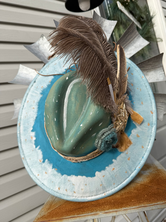 Turquoise Artisan Feather Embellished Flat Brim Hat