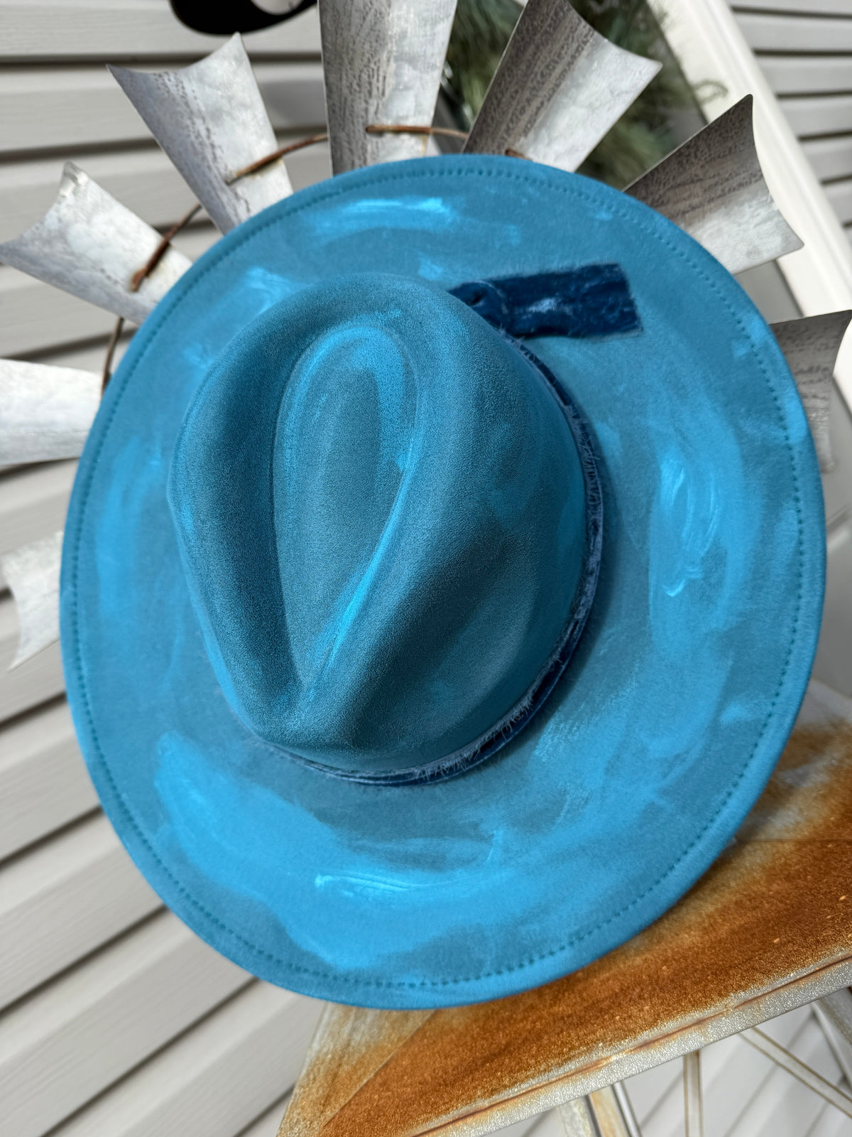 Painterly Blue Artisan Embellished Flat Brim Hat
