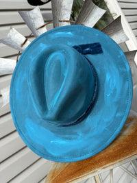 Painterly Blue Artisan Embellished Flat Brim Hat