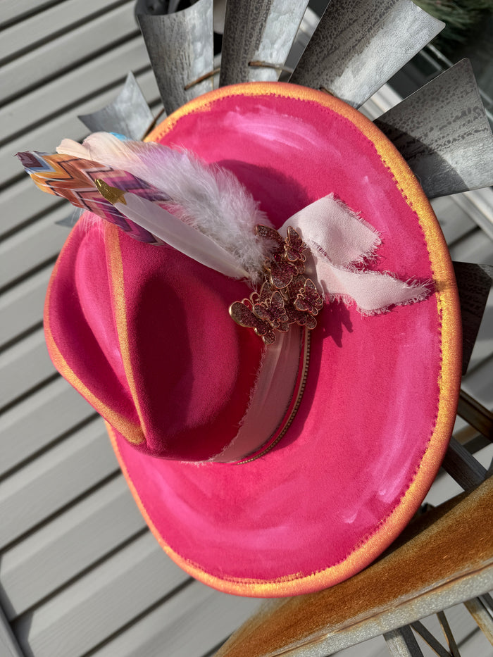 Pink Artisan Butterfly Feather Embellished Flat Brim Hat