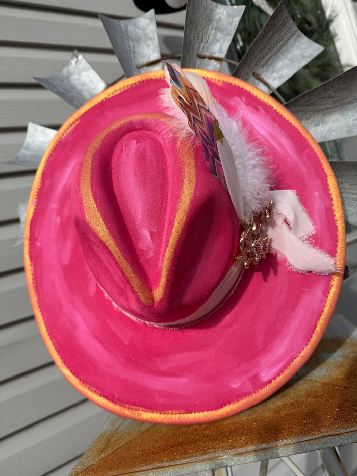 Pink Artisan Butterfly Feather Embellished Flat Brim Hat