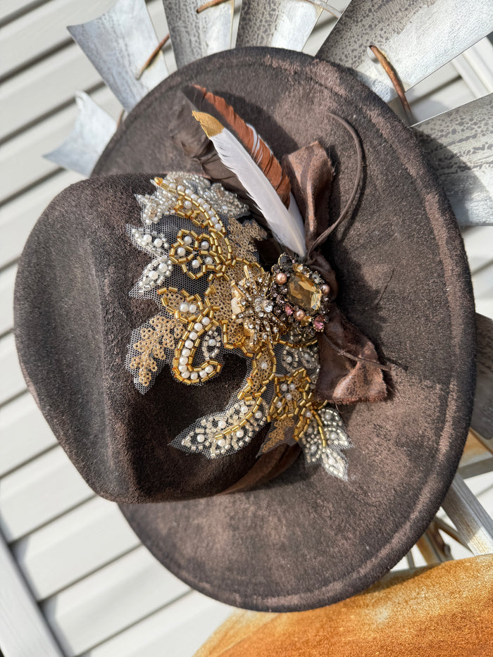 Mocha Artisan Feather Embellished Flat Brim Hat